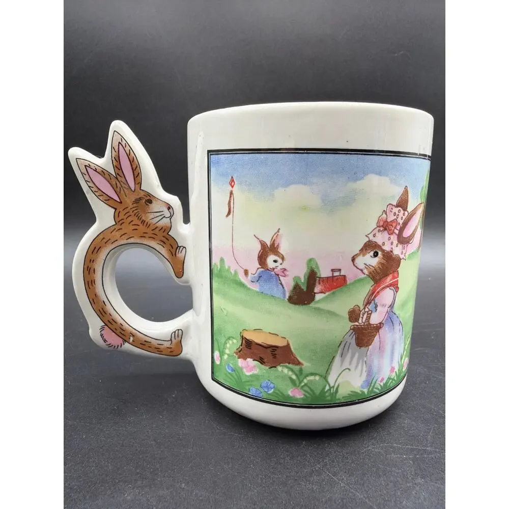 Vintage Art Mark Easter Bunny Rabbit Handle Ceramic Mug Kite Garden Scene 8 Oz